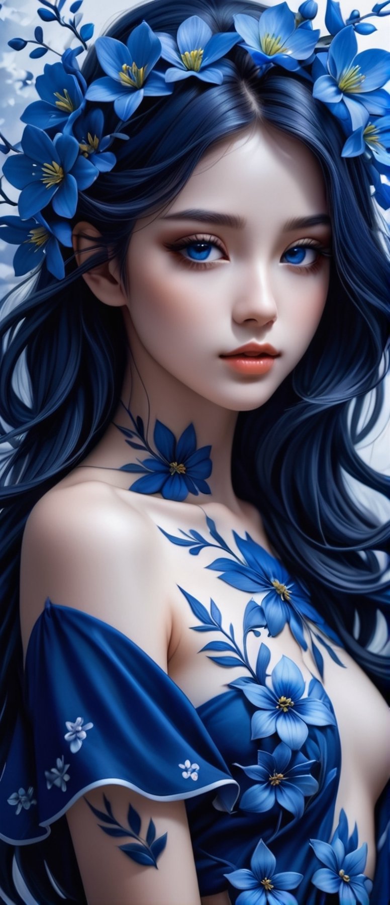 a beautiful picture of a girl with blue flowers on her face, in the style of monochromatic paintings, dark sky-blue and dark navy, dark sky-blue and dark white, multilayered realism, luminous shadowing, anime-inspired, elegant outlines ,naked, full_body 