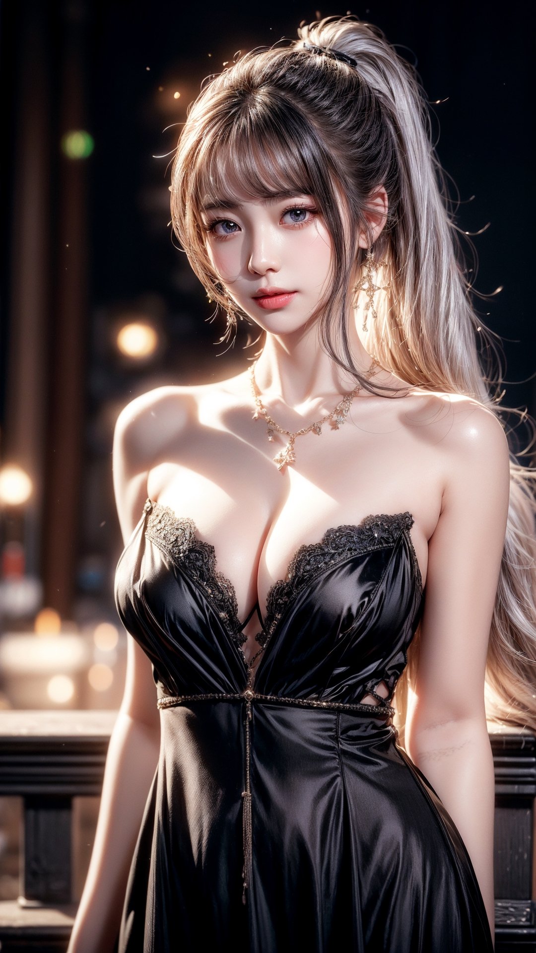 (8k, RAW photo, best quality, masterpiece), (realistic, photo-realistic)(best quality, masterpiece, intricate details:1.1),photorealistic,SIGMA 50mm F1.4,looking at viewer,light smile,(real skin:1.1), #white hair,,high ponytail,Long Wavy Hair,kpop hair,smile eye ,glamor,muscular,tall,cleavage,Beautiful sexy womem, Gloss on lips, Parted lips, Staring at me, Nose, Realistic, depth of field, face light(night:1.1),(full_body),no_bra,no_panties, natural huge breasts,pussy,naked,nude,allnude,full body,standing,#black dress,, 20 year old Korean girl,Korean girl idol star,beautiful face, asian girl,realhands,necklace,zzenny_n,Detailedface,Detailedeyes,night_view_background,perfect
