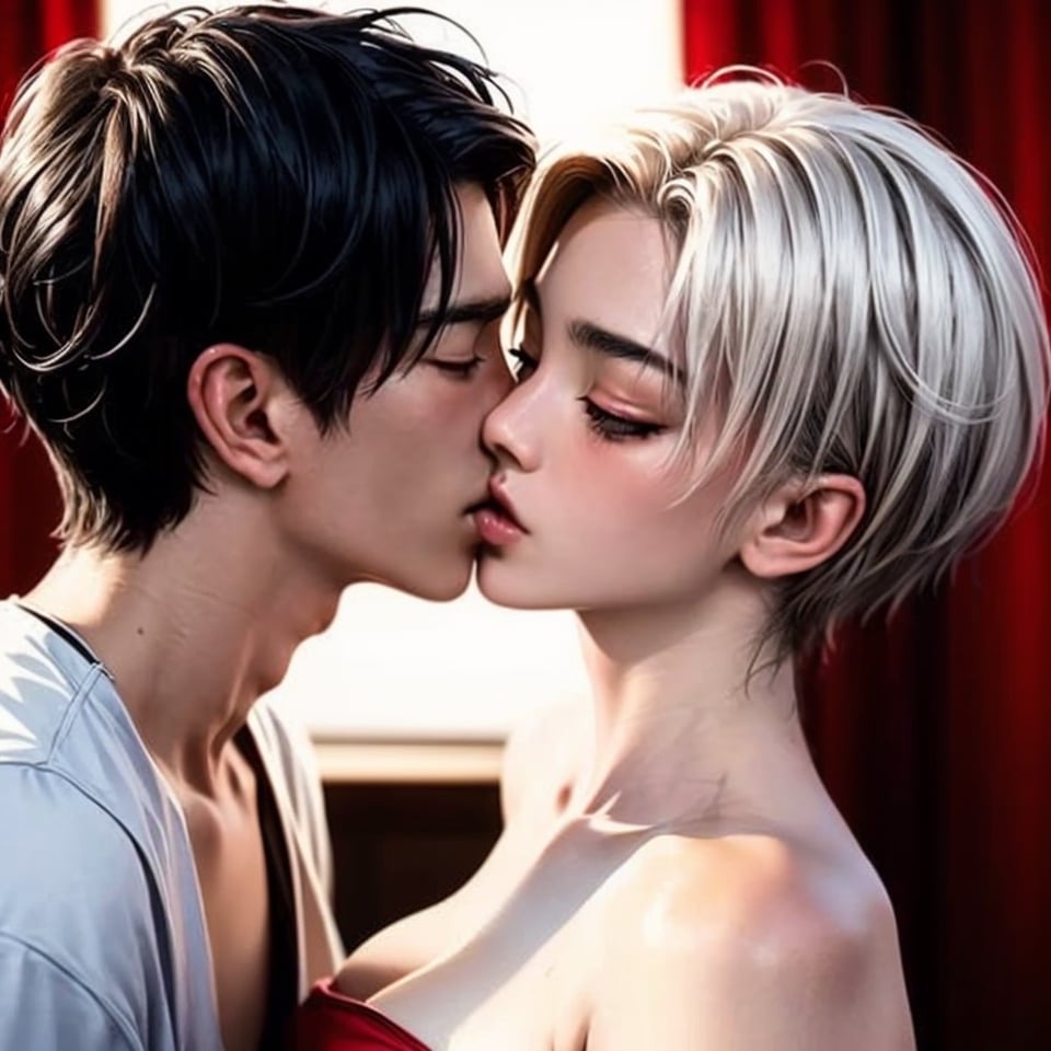 1girl,1boy, (full body shot), (young asian woman, fit, large breasts, dark nipples, symmetrical face, high detail face, high detail skin, short white hair, messy hair, white hair), (young man, korean, slender, fit, black hair), naked and barefoot, kiss, kissing, bedroom, (masterpiece, top quality, best quality, beautiful and aesthetic:1.2)