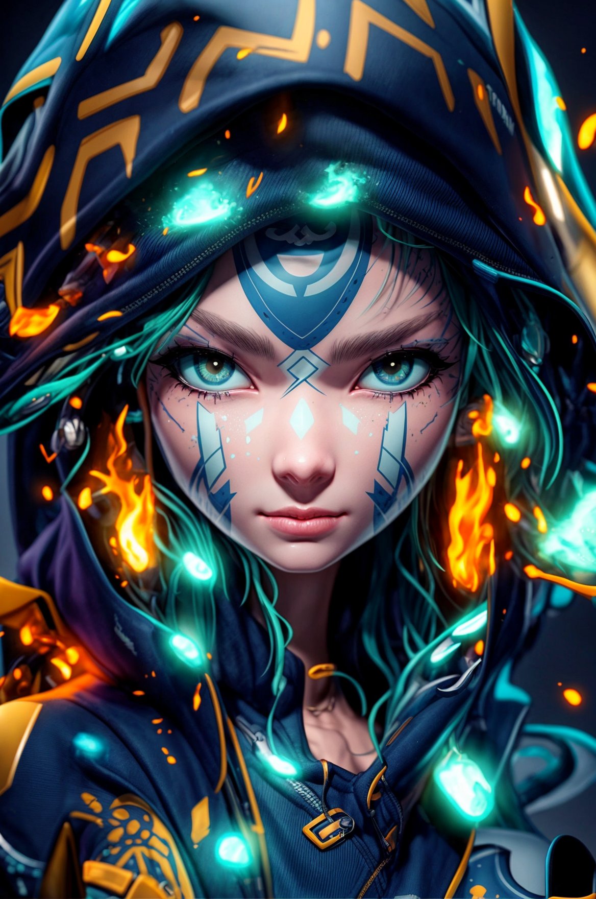 a close up of a person wearing a hoodie, inspired by rossdraws, Artstation contest winner, a young female shaman, unreal engine 5 4 k uhd image, andreas rocha style, fire eyes, intricate ornate anime cgi style, portrait of apex legends, warrior girl, detailed unblurred face, 8k render”, High Detailed, chibi