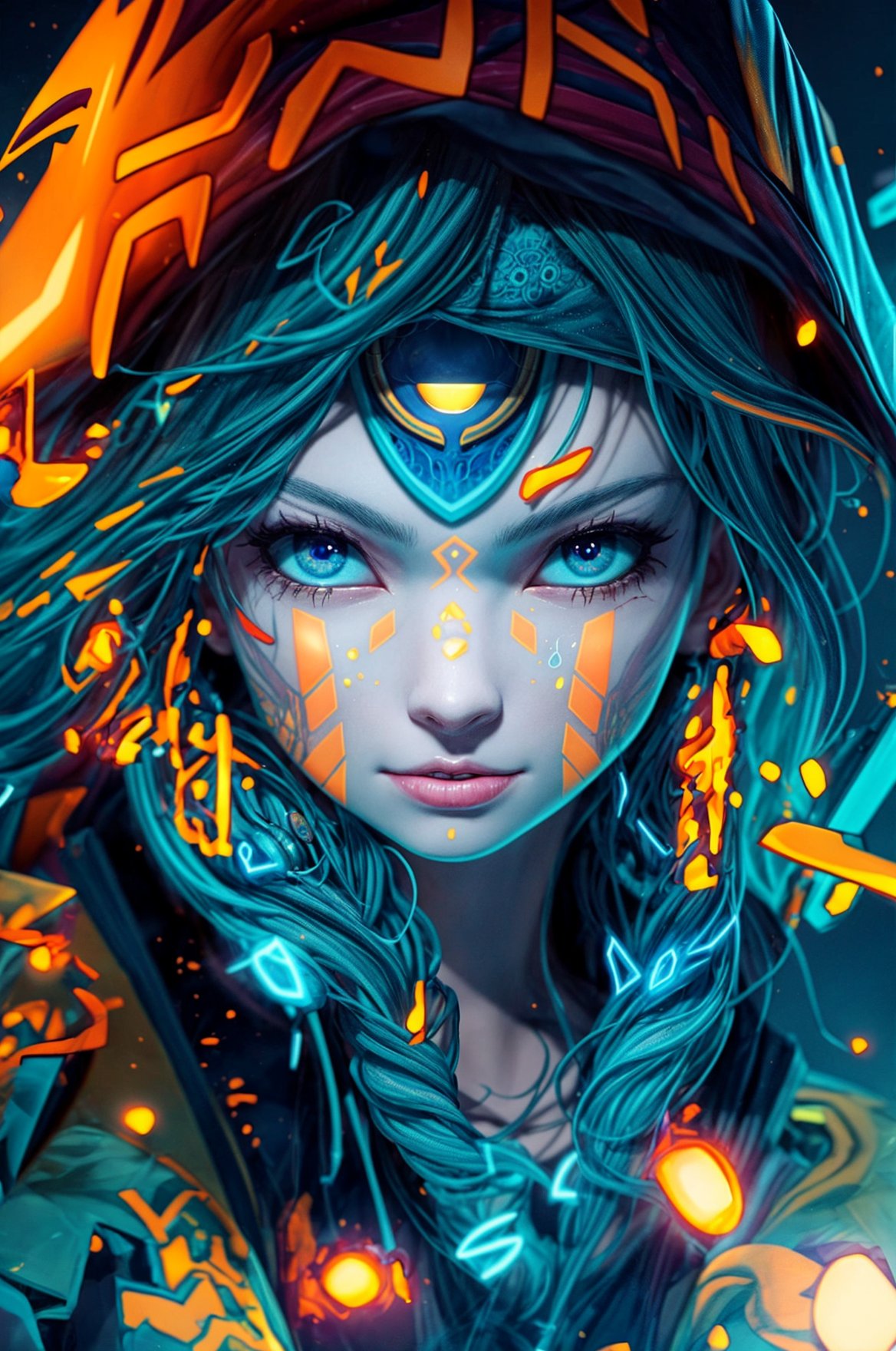 a close up of a person wearing a hoodie, inspired by rossdraws, Artstation contest winner, a young female shaman, unreal engine 5 4 k uhd image, andreas rocha style, fire eyes, intricate ornate anime cgi style, portrait of apex legends, warrior girl, detailed unblurred face, 8k render”, High Detailed,3DMM,full body