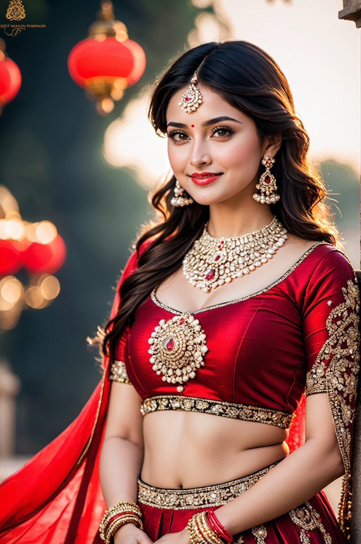 Ultradetailed, 1girl , Indian, wearing red ghagra choli, gentle features, jewellery, perfect female figure, (dimple on cheek:1.5), bold beauty, big tight boobs, gentle smile on face , (goddess beauty:1.5), (cinematic shot:1.5), royal Indian palace background, Bokeh, 8k, 4k, uhd, nsfw,