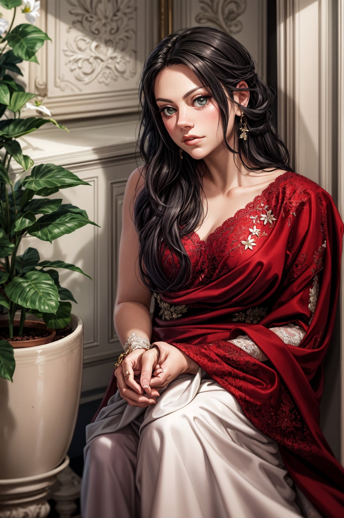 a woman sitting next to a potted plant, a portrait, instagram, wearing a sari, white lace clothing, dreamy mila kunis, soft lighting from above, wearing ivory colour dress, hand on her chin, top - down photograph, wearing organza gown, over the shoulder, close up portrait shot, half moon, actress, bride, candid picture, high detailed