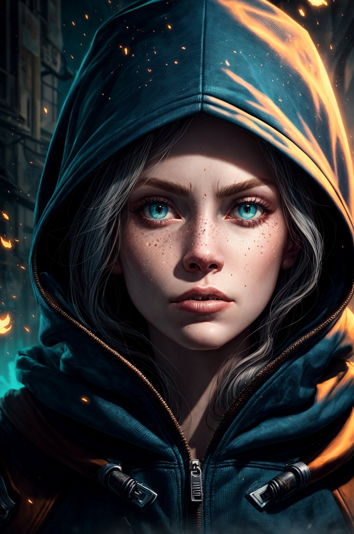 a close up of a person wearing a hoodie, anton fadeev 8 k, beautiful young female shaman, arnold renderer, fierce expression, art of édouard bisson, embers, by Alexandre Falguière, biomutant, animation illustrative style, artgerm greg rutkowski _ greg, 