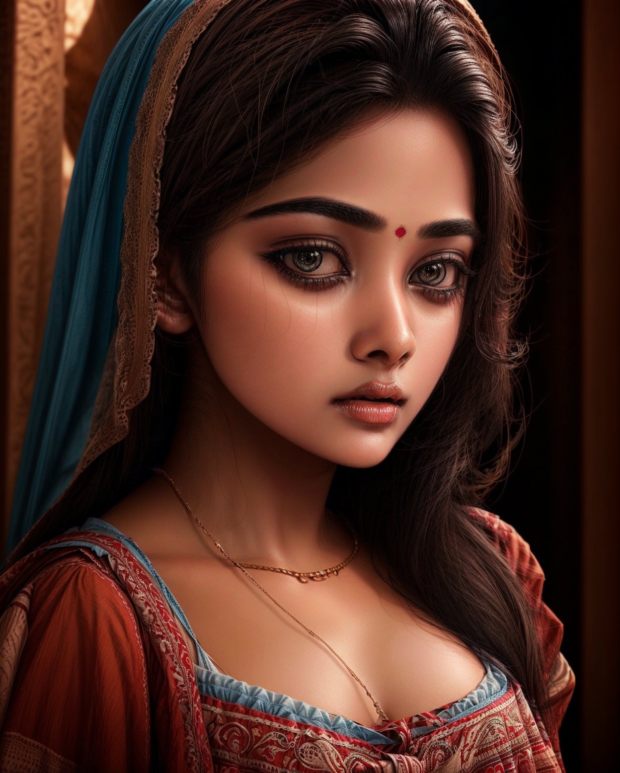 Ultrarealistic, 1girl, gentle bold features, seductive, bold, fantasy background, cinematic shot, resha, Indian, resha, Indian, Btflindngds