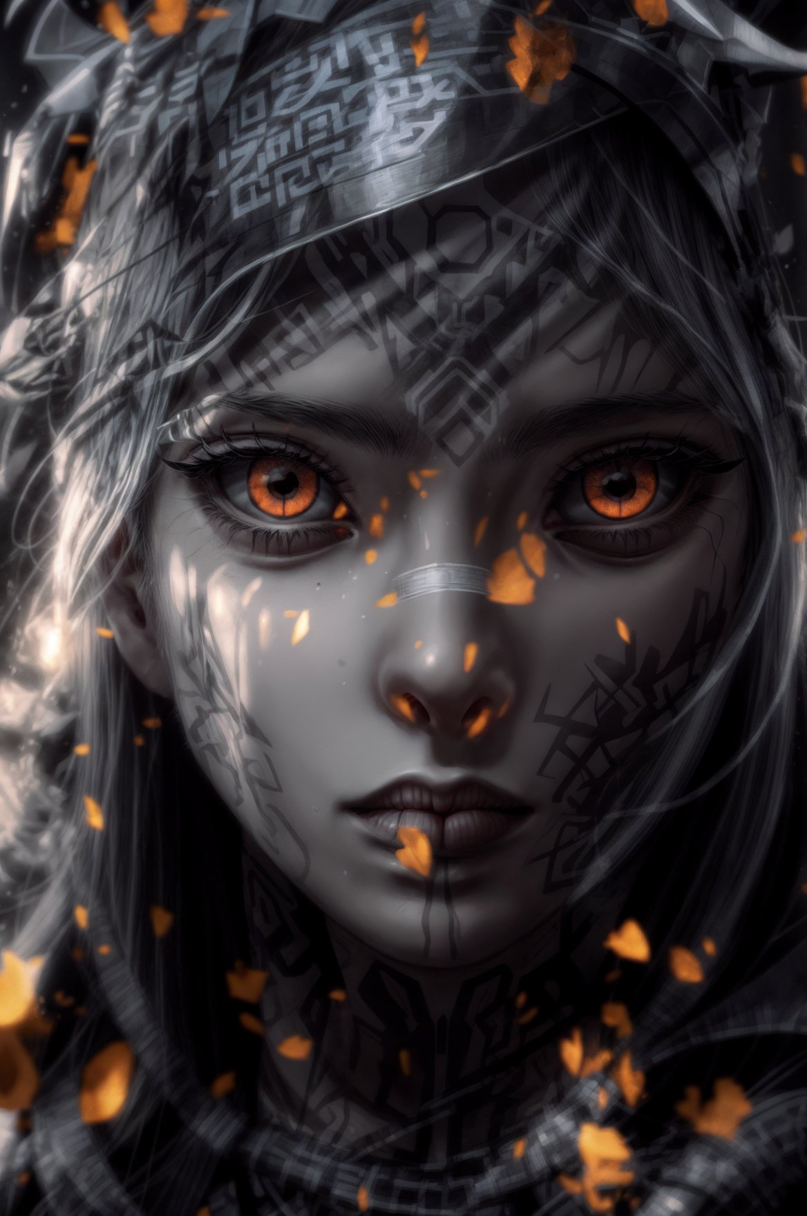 a close up of a person wearing a headdress, a character portrait, inspired by rossdraws, unreal engine 5 4 k uhd image, brave young girl, tribal red atmosphere, covered in runes, ultra detailed face and eyes, anime tribal boy with long hair, aloy, ultra detailed content : face, epic game portrait, fire eyes, wojtek fus, High Detailed