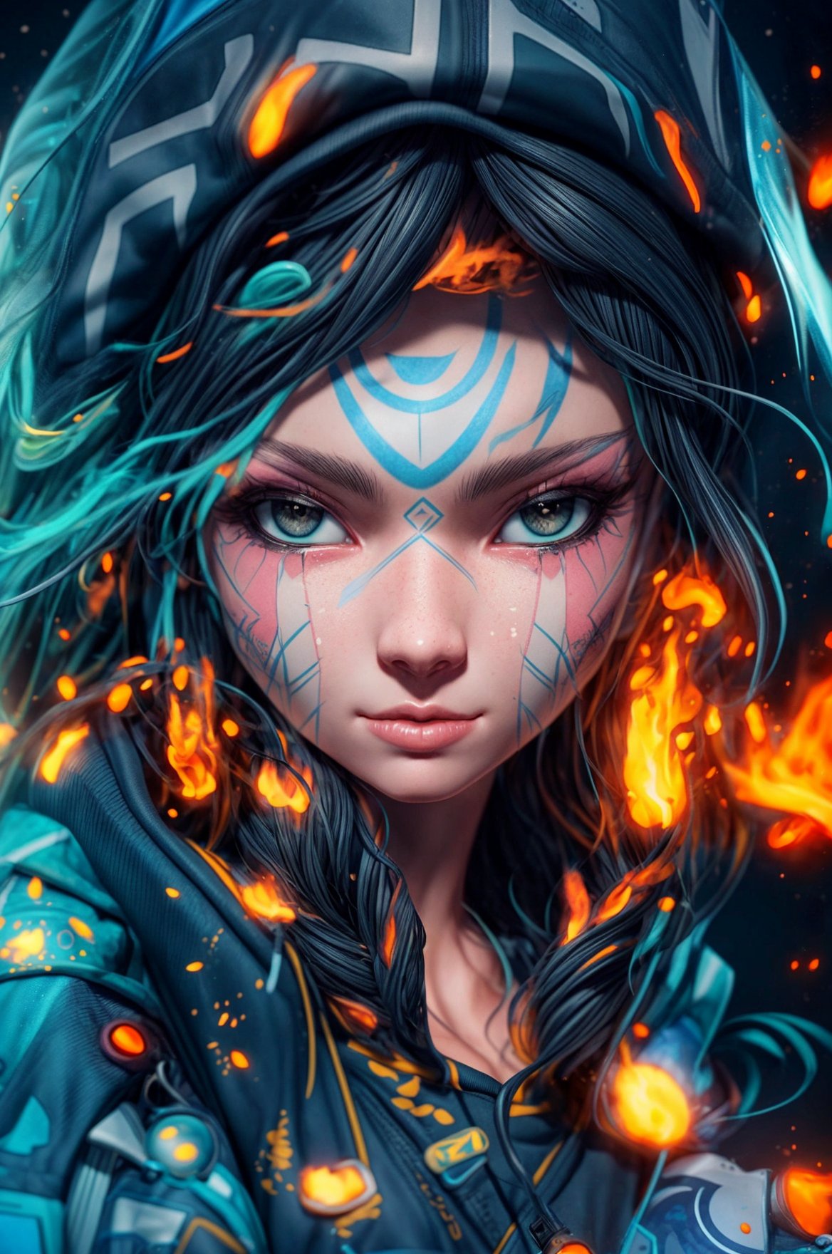 a close up of a person wearing a hoodie, inspired by rossdraws, Artstation contest winner, a young female shaman, unreal engine 5 4 k uhd image, andreas rocha style, fire eyes, intricate ornate anime cgi style, portrait of apex legends, warrior girl, detailed unblurred face, 8k render”, High Detailed, chibi