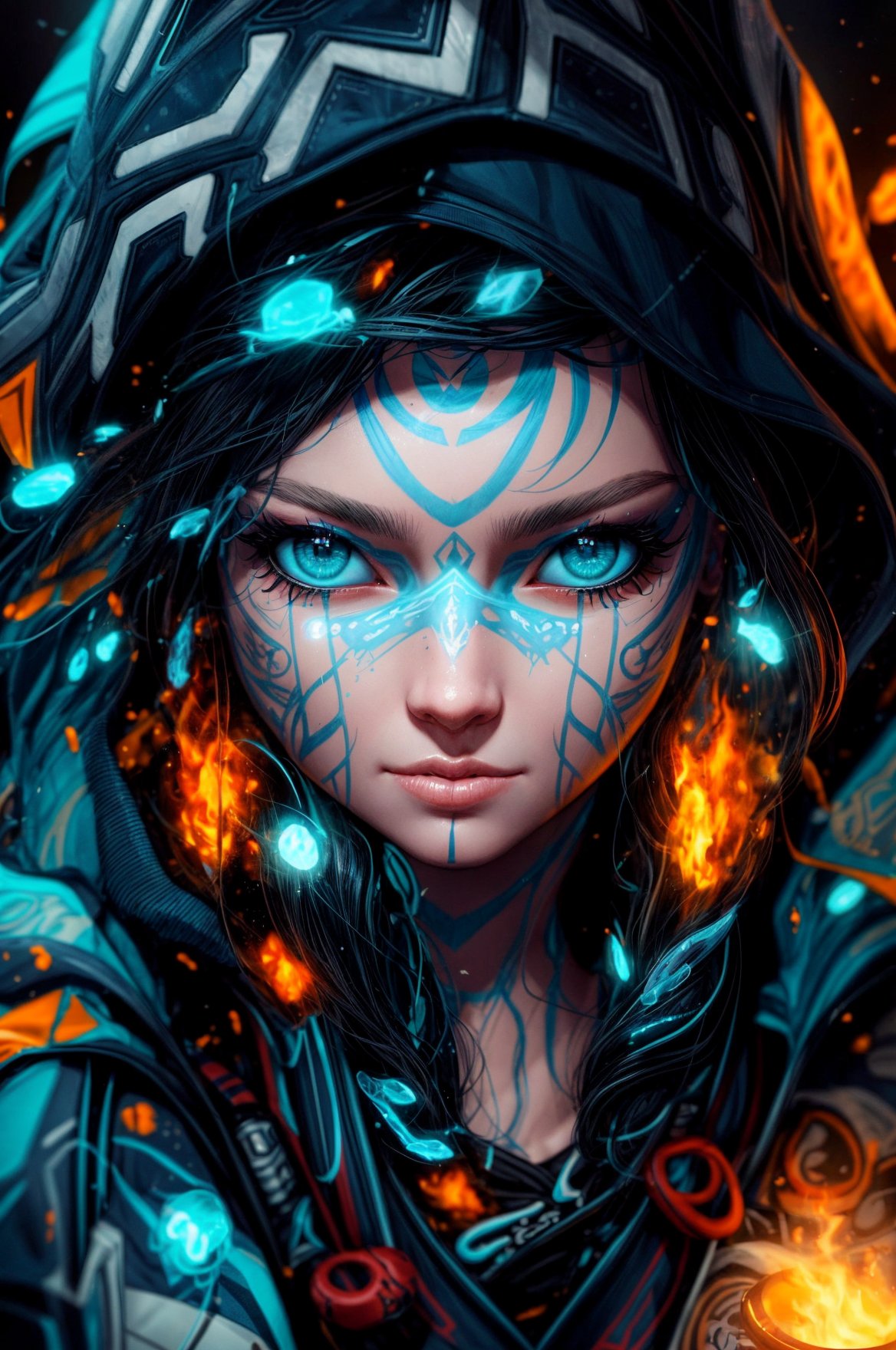 a close up of a person wearing a hoodie, inspired by rossdraws, Artstation contest winner, a young female shaman, unreal engine 5 4 k uhd image, andreas rocha style, fire eyes, intricate ornate anime cgi style, portrait of apex legends, warrior girl, detailed unblurred face, 8k render”, High Detailed