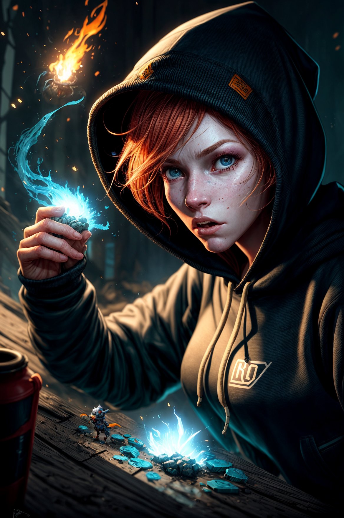 a close up of a person wearing a hoodie, anton fadeev 8 k, beautiful young female shaman, arnold renderer, fierce expression, art of édouard bisson, embers, by Alexandre Falguière, biomutant, animation illustrative style, artgerm greg rutkowski _ greg, High Detailed