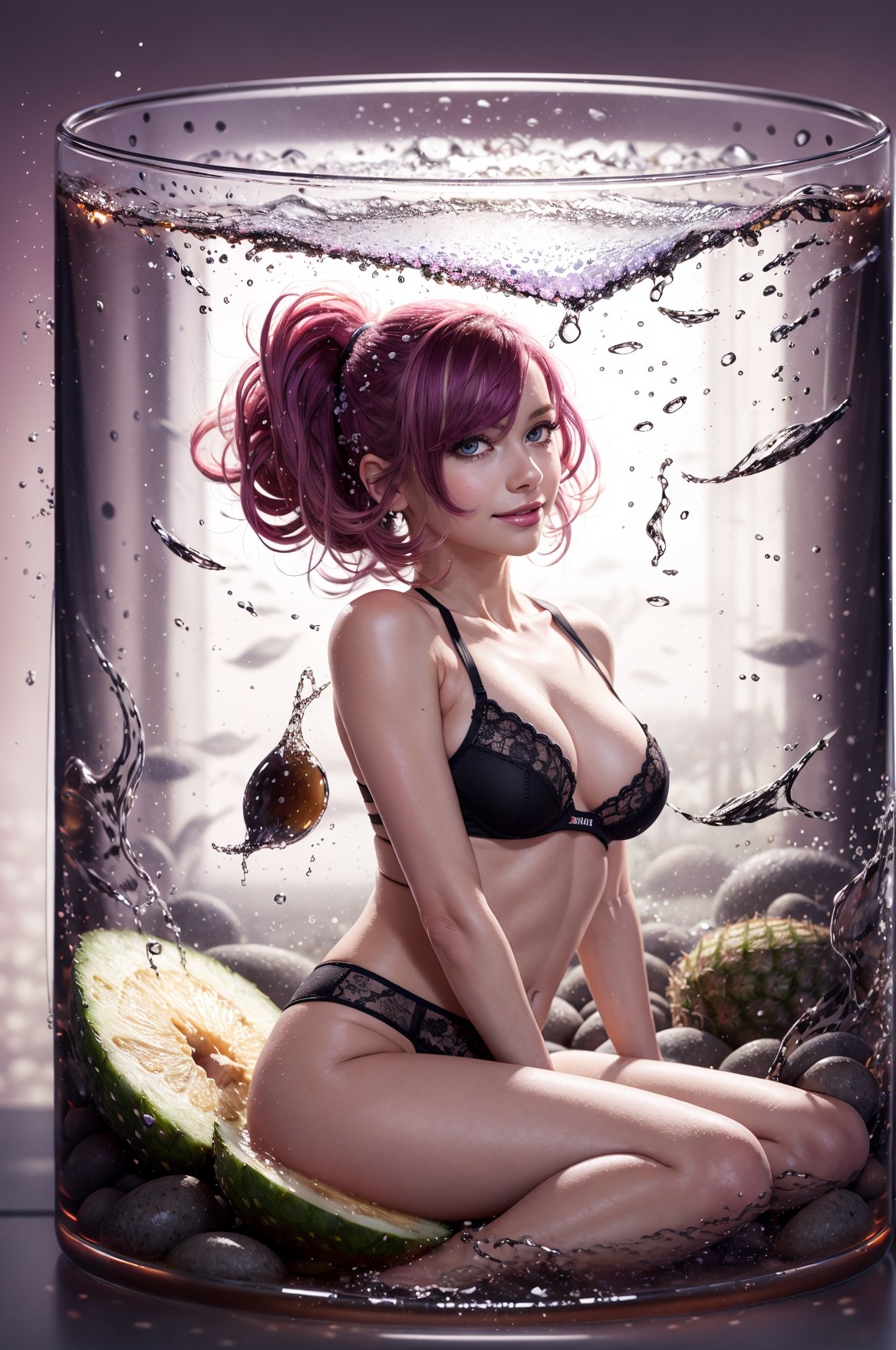 Sfw, perfect eyes:1.2, detailed eyes:1.4, pineapple, smile, sitting, full body, air bubble, (masterpiece:1.6, best quality), phgls, /bottle, in container, (finely detailed beautiful eyes: 1.2), 1girl, solo, big breasts,  purple hair, pink hair, two-tone hair, wear white bra, underwater, floating hair,JAR,phgls