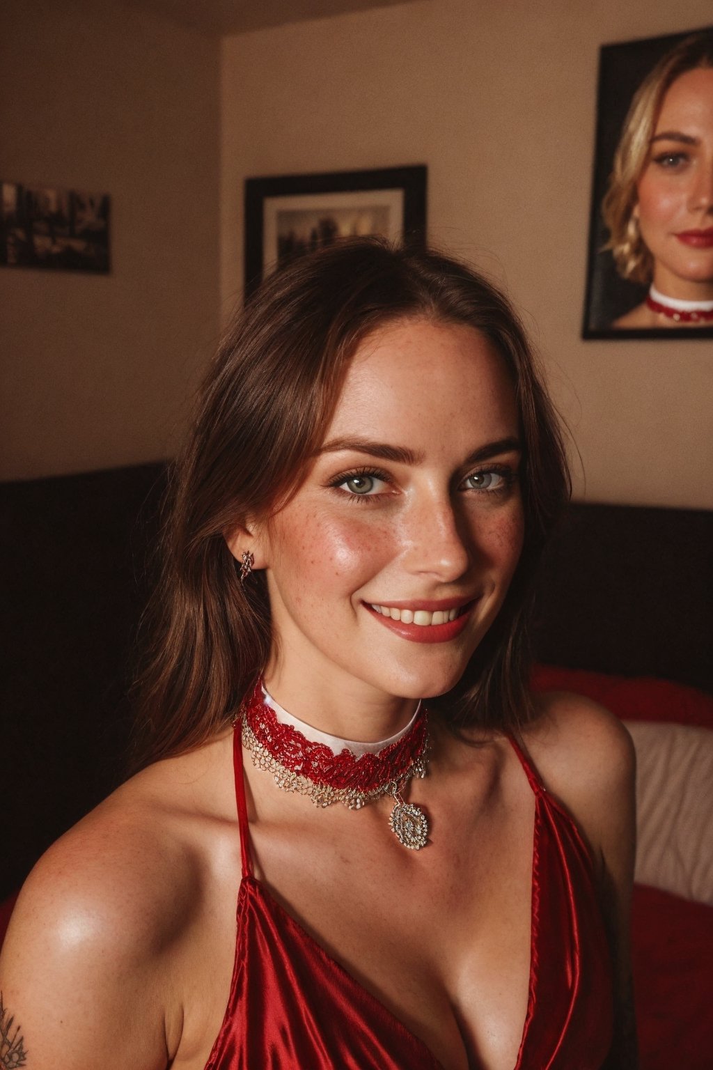 photo, rule of thirds, day lighting, medium hair, detailed face, smiling face, detailed nose, woman wearing red silk night gown, in bedroom, double bed, freckles, collar or choker, smirk, tattoo, intricate background
,realism,realistic,raw,analog,woman,portrait,photorealistic,analog,realism