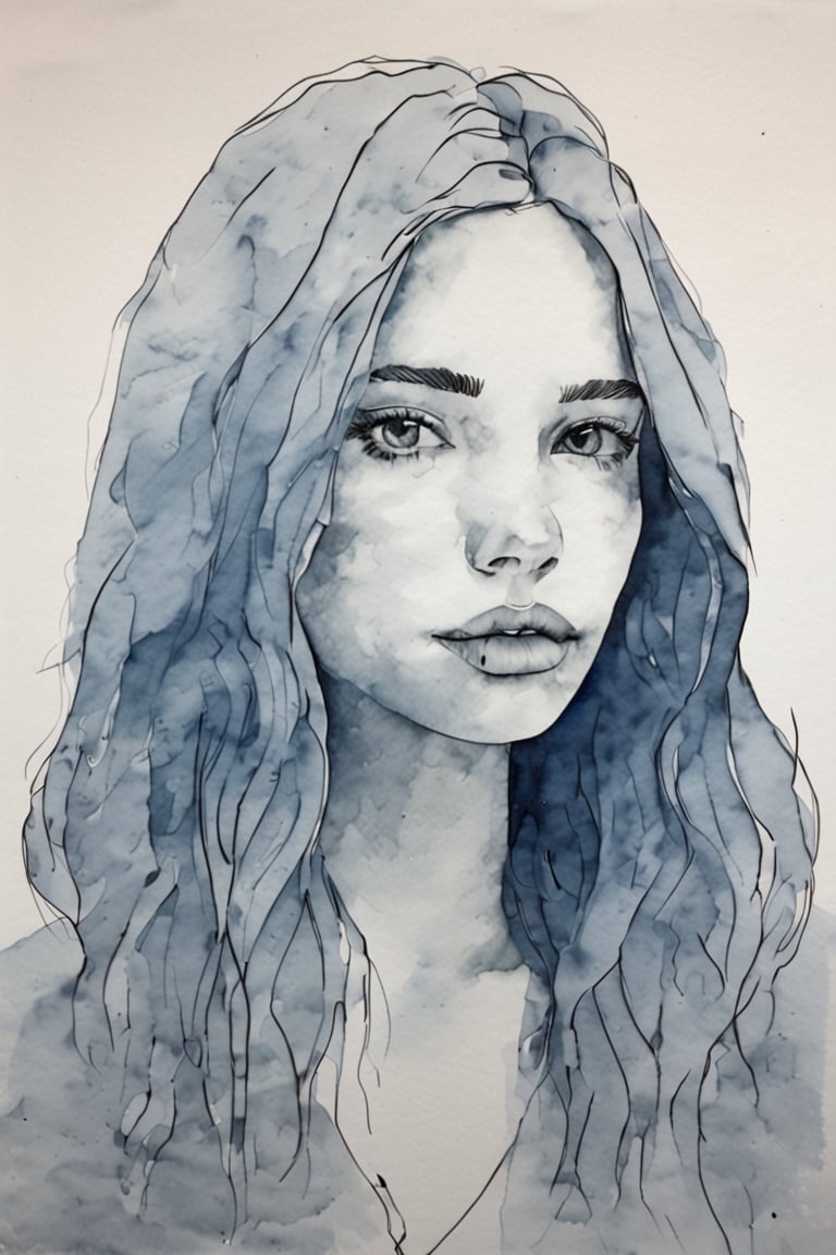 Minimalistic,drawing paper, watercolor gradient cornflower blue background, simple line art, girl, long hair,  black and white characters,art by Christophe Louis(masterpiece, best quality),UndergroundClub,Bar photo,Marceline