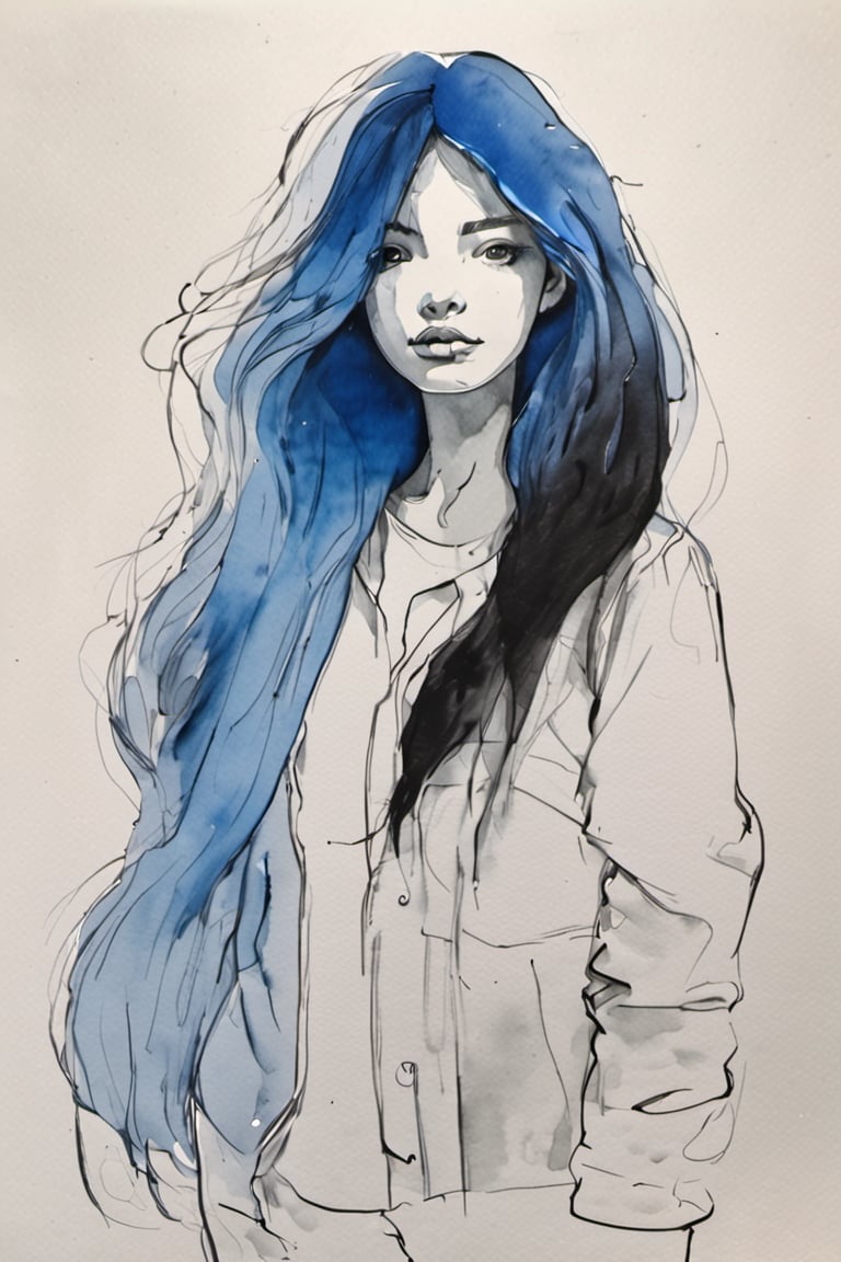 Minimalistic,drawing paper, watercolor gradient cornflower blue background, simple line art, girl, long hair,  black and white characters,art by Christophe Louis(masterpiece, best quality),UndergroundClub,Bar photo,Marceline