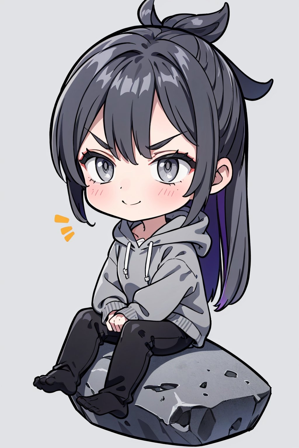 1girl, sole female, (gray eyes:1.7), black hair with purple streaks, blue hoodie, chibi, smiling, angry eyebrows, sitting on a rock, looking_away, full body shot, simple_background, long hair