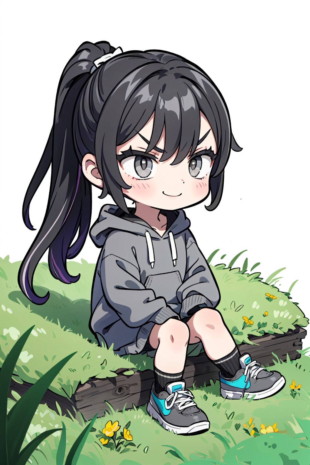 1girl, sole female, (gray eyes:1.7), black hair with purple streaks, blue hoodie, chibi, smiling, angry eyebrows, sitting on a grass field, looking_away, full body shot, simple_background, long_ponytail, white nike jordan 1