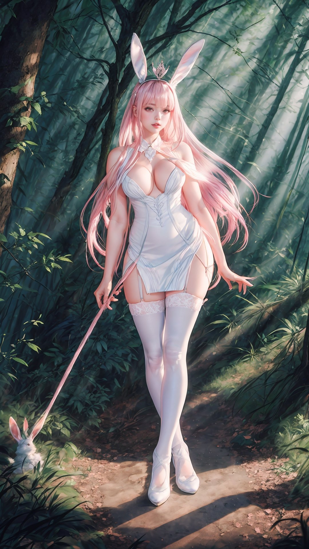 (Realistic lighting, Best quality, 8K, Masterpiece),Big breasts,A girl with bunny ears, wearing a lace dress and white thigh high stockings, blue fluffy shoes, tiara on her head, red eyes, extremely white skin, long pink hair, in indirect linear lighting in a forest background with wolves lurking. ,FFIXBG,atdan