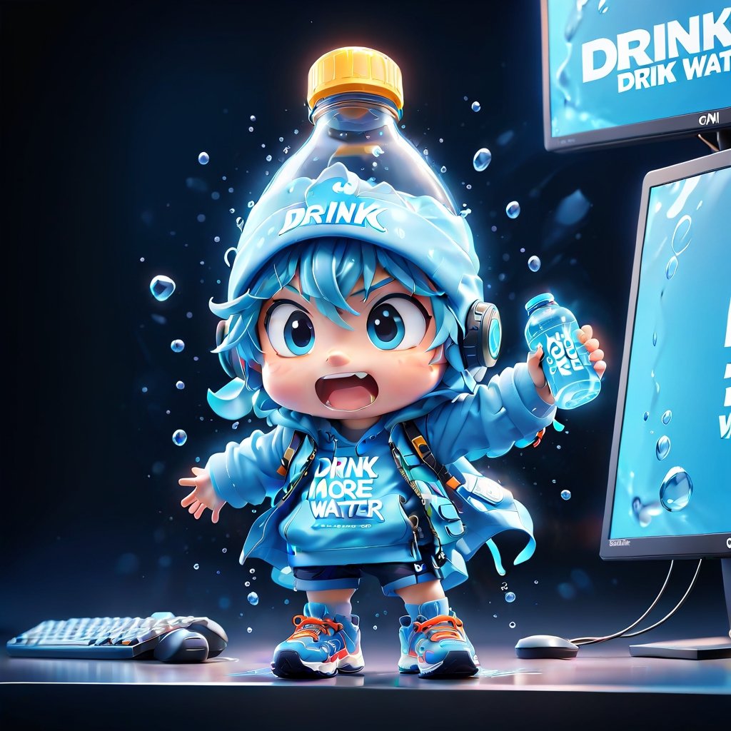 Pixar animation of a bottle of water standing next to gaming computer screen, desperate face, , holding sign (text: drink more water!),Sneakers Design,grbtw artstyle,chibi