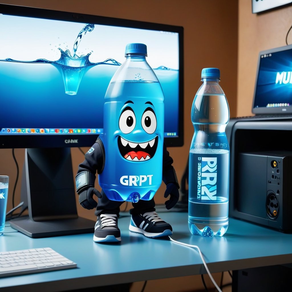 Pixar animation of a bottle of water standing next to gaming computer screen, desperate face, , holding sign (text: drink more water!),Sneakers Design,grbtw artstyle