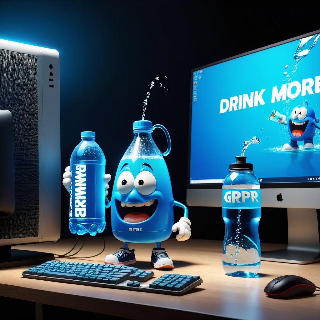 Pixar animation of a bottle of water standing next to gaming computer screen, desperate face, , holding sign (text: drink more water!),Sneakers Design,grbtw artstyle