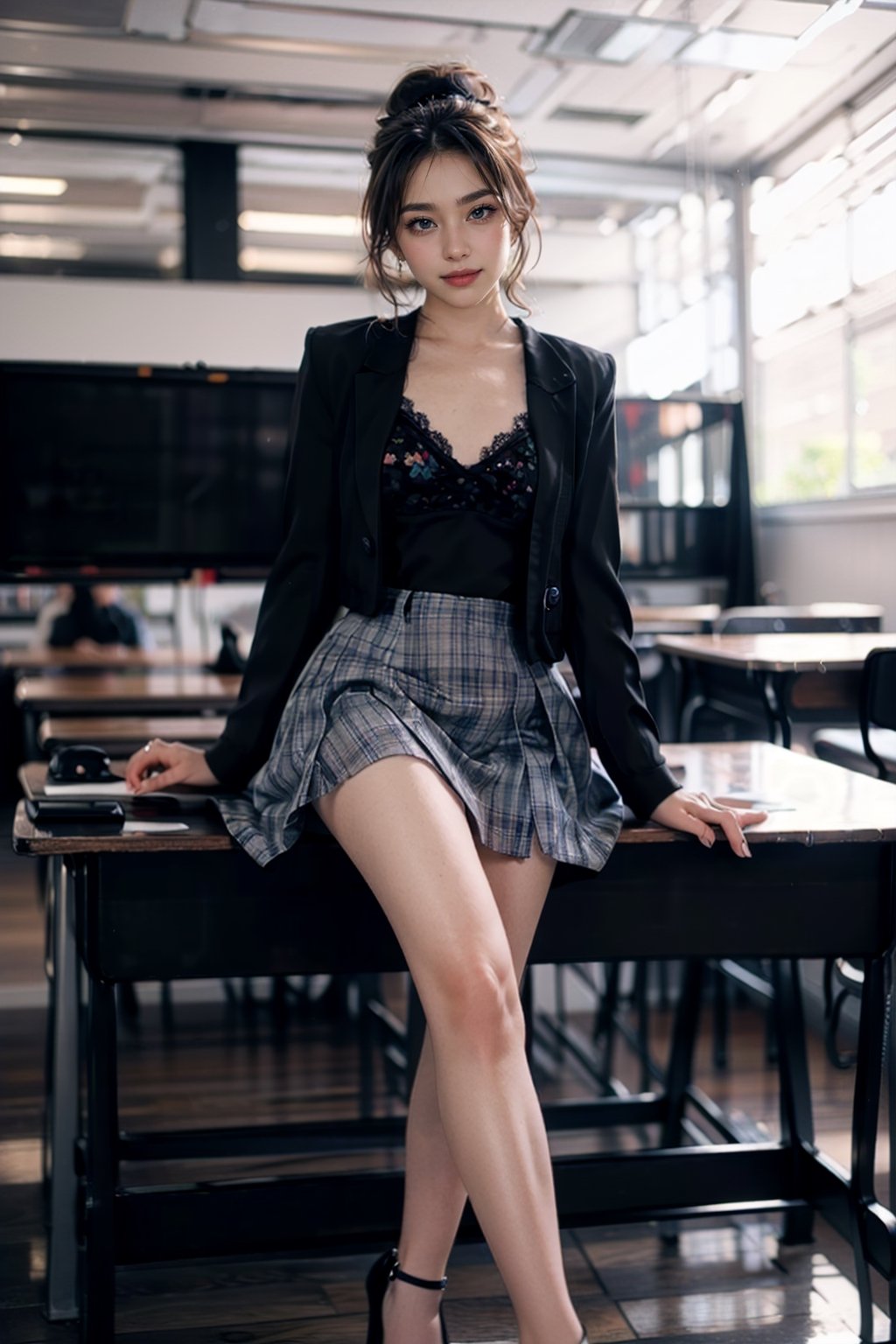 4nn4,woman, schoolgirl uniform, flats, Caucasian, beautiful face, makeup, eye shadow, smiling, ponytail, sitting on cluttered desk, legs spread, upskirt, panties, open dress shirt, cleavage, plaid pleated micro miniskirt, high heels, slender waist, long legs, crowded classroom background, chalkboard, RAW photo, subject, 8k uhd, dslr, soft lighting, high quality, film grain, Fujifilm XT3,  ,Colorful portraits