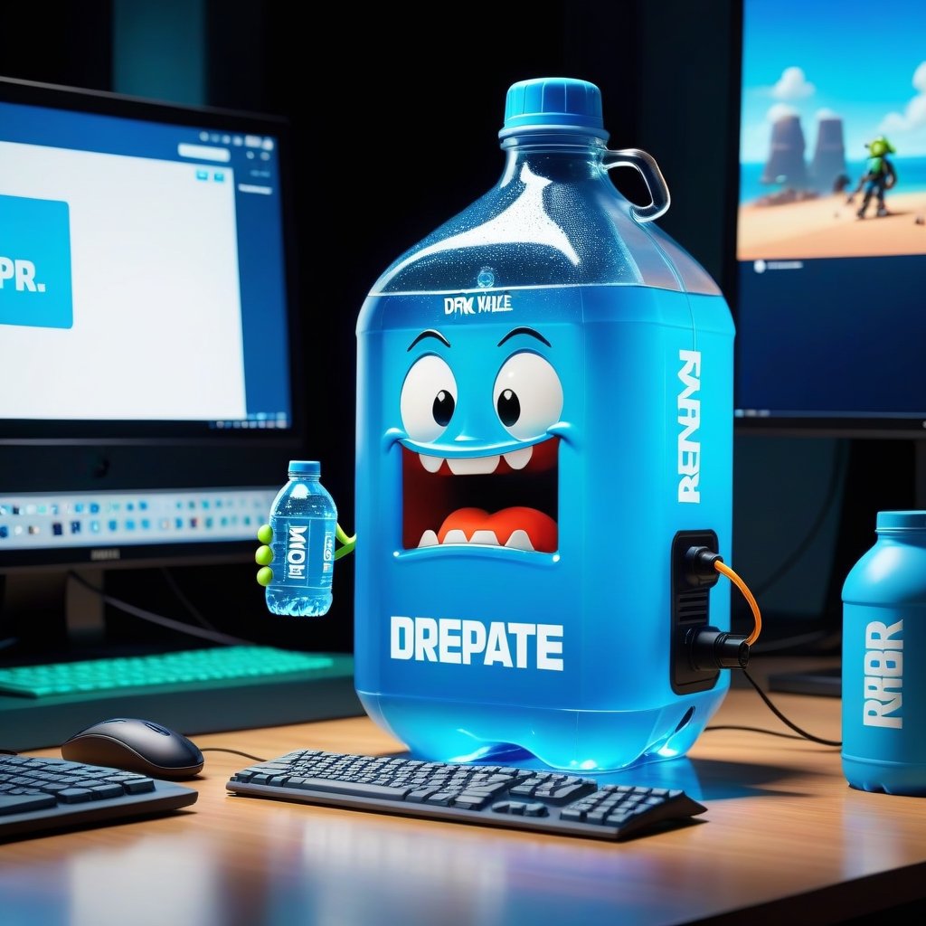 Pixar animation of a bottle of water standing next to gaming computer screen, desperate face, , holding sign (text: drink more water!),Sneakers Design,grbtw artstyle