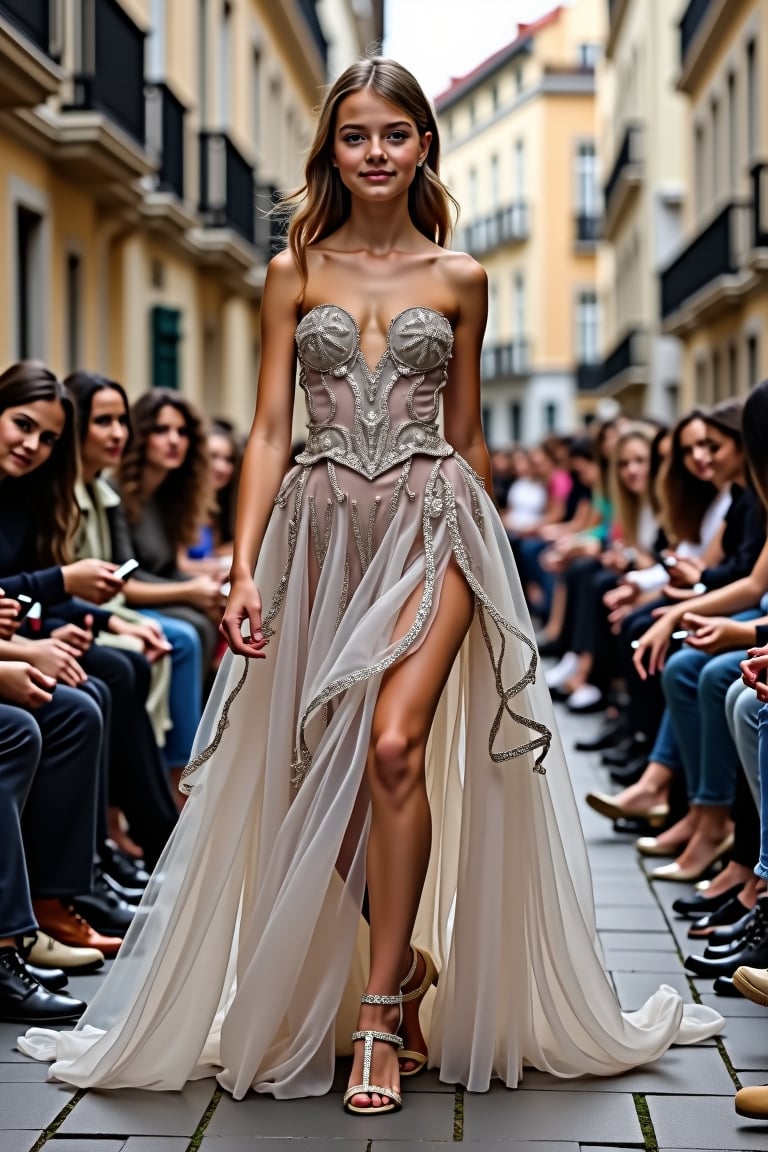 very youngs girls (18 years old) strut down the street fashion catwalk. The audience sits attentively, eyes glued to the spectacle unfolding before them.(High Couture Dress)(Full Body)(Front View)