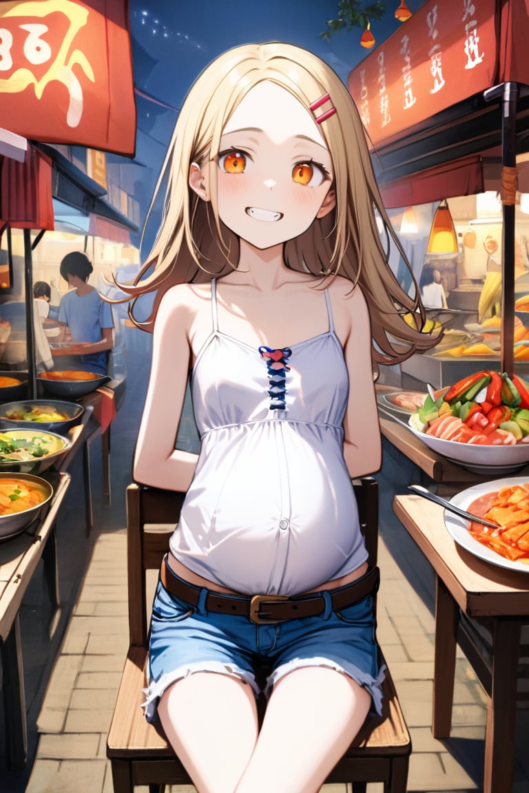 masterpiece,best quality,dreamwave,aesthetic,(((1 girl))),(((18 years old))),(((solo))),(((skinny))),(((thin))),(((slim))),(((waist))),((small breasts)),pregnant belly,cute face,shy,grin,fangs,((sitting on chair)),((night market)),(((arms behind back bound))),(stack of plates behind the girl),(stack of plates behind the girl),(stack of plates behind the girl),hiro-default,shinosawa hiro,slender,orange eyes,white eyelashes,blonde hair,long straight hair,hairclip,forehead,white camisole,midriff,denim shorts,bare arms,belt