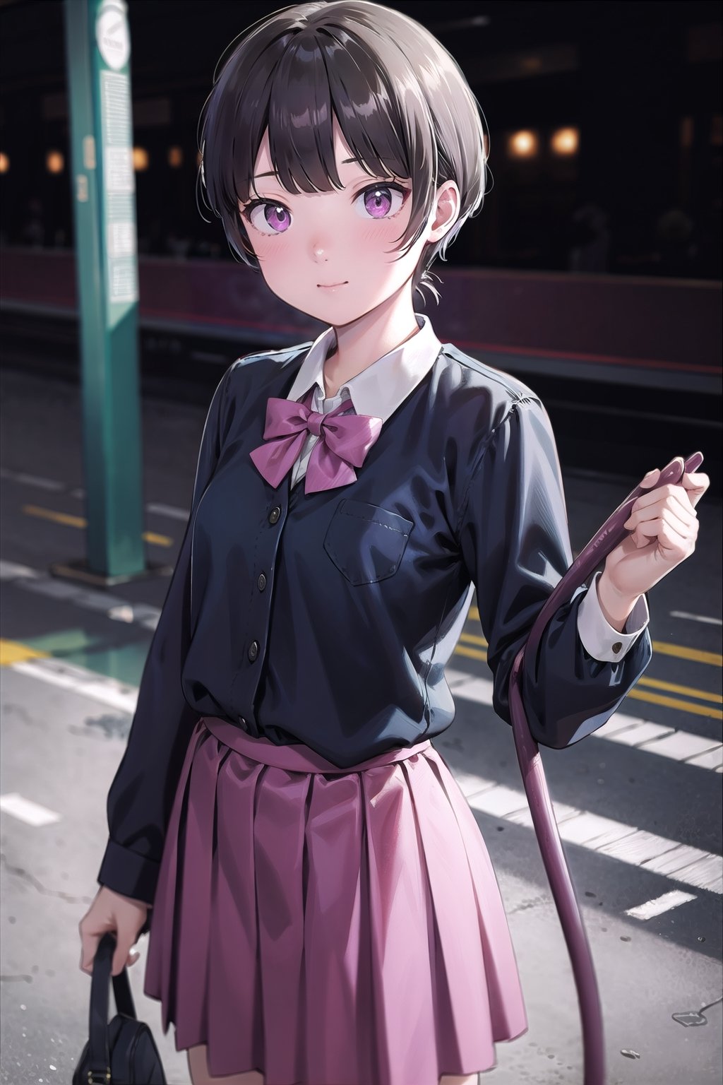 (masterpiece), best quality, high resolution, highly detailed, detailed background, perfect lighting, 1girl, wispy bangs, pink eyes, small breasts, hose, simple, train station, School uniform, skirt