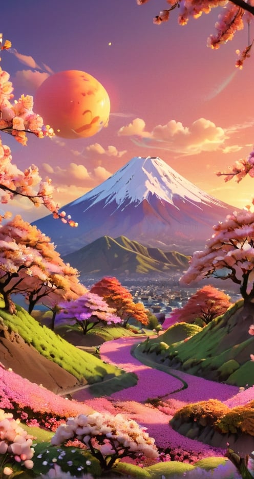 Mount Fuji in the distance
, cherry blossoms, 3D rendering
, Warm colors, Disney-style
, flower, outdoors, sky, cloud, tree, petals, no humans, grass, scenery, sunset, sun, field, gradient sky,Pixel art, high brightness and hyper coloured, S-shaped composition