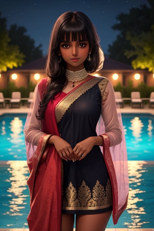 (best quality, masterpiece), 1girl, intricate details, beautiful detailed face, transparent_clothing, looking at viewer, night pool, blush,, black hair, medium hair, blunt bangs, happy, standing, (indian_girl), (dark_skin)