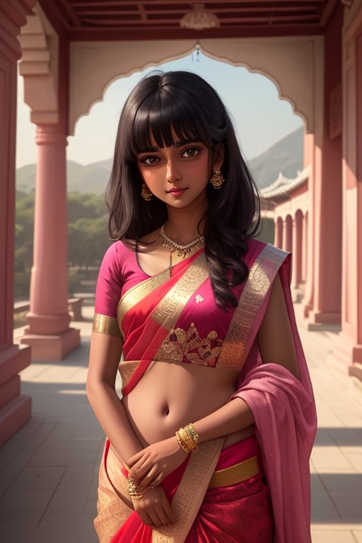 (best quality, masterpiece), 1girl, intricate details, beautiful detailed face, looking at viewer, blushing, temple, black hair, medium hair, blunt bangs, happy, standing, (indian_girl), (dark_skin)