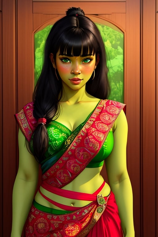 (best quality, masterpiece), 1girl, intricate details, beautiful detailed face, looking at viewer, blushing, black hair, medium hair, blunt bangs, happy, standing, (indian_girl), shewoworc, green skin