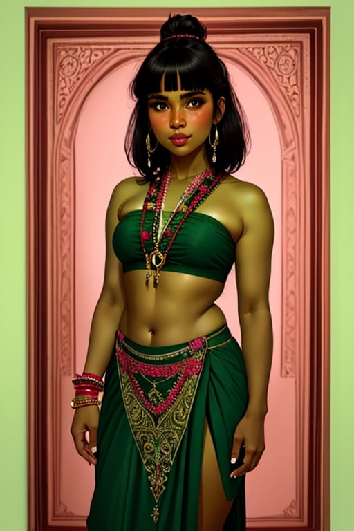 (best quality, masterpiece), 1girl, intricate details, beautiful detailed face, looking at viewer, blushing, black hair, medium hair, blunt bangs, happy, standing, (indian_girl), shewoworc, (dark green skin)