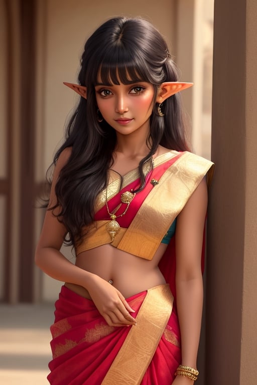 (best quality, masterpiece), 1girl, intricate details, beautiful detailed face, looking at viewer, blushing, black hair, longhair, blunt bangs, happy, standing, (indian_woman), mature, (dark_skin), elf_(species)