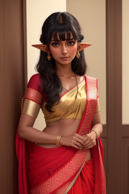 (best quality, masterpiece), 1girl, intricate details, beautiful detailed face, looking at viewer, blushing, black hair, medium hair, blunt bangs, happy, standing, (indian_woman), mature, (dark_skin), elf_(species)