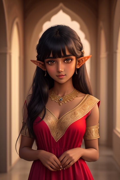 (best quality, masterpiece), 1girl, intricate details, beautiful detailed face, looking at viewer, blushing, black hair, medium hair, blunt bangs, happy, standing, (indian_girl), (dark_skin), elf_(species), elf_dress