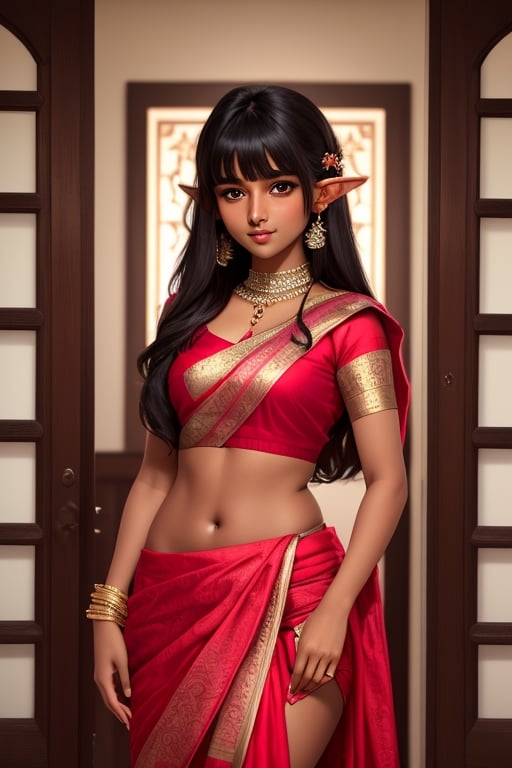 (best quality, masterpiece), 1girl, intricate details, beautiful detailed face, looking at viewer, blushing, black hair, medium hair, blunt bangs, happy, standing, (indian_girl), (dark_skin), elf_(species)