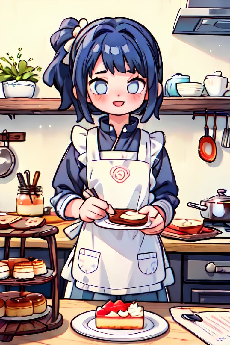 masterpiece, best quality, 1girl, solo, aesthetic, Naruto, Hinata, indoors, kitchen, wearing apron, baking cake, happy,