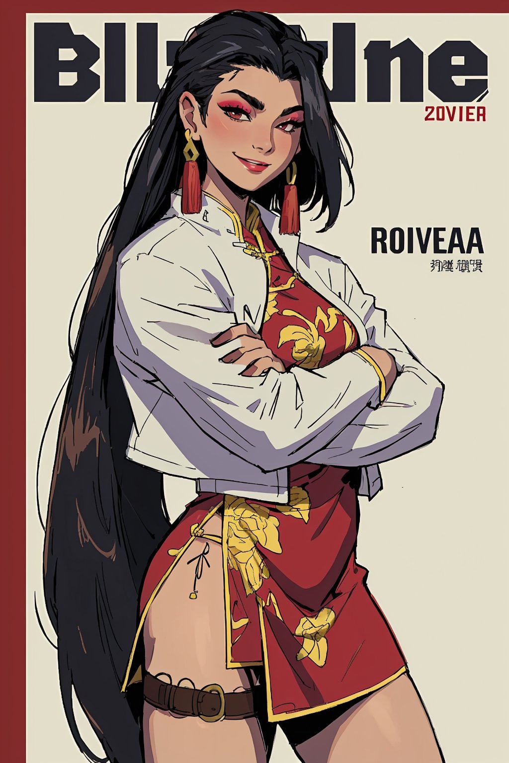 (((movicomics))), cover art, magazine, bold and stylized text, high quality, masterpiece, solo, flat color, 1girl, shenhua, makeup, smile, parted lips, looking at viewer, crossed arms, jacket, chinese clothes, china dress, thigh strap, earrings, visual_novel,  