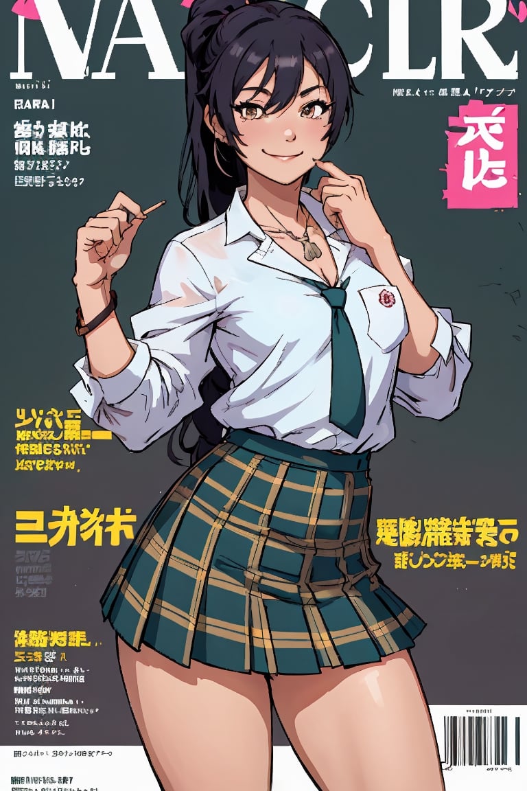 magazine cover, pink japanese text, character name, copyright name, stylized, best quality, masterpiece, 1girl, solo, aasakuya, long hair, high ponytail, breasts, collarbone, necklace, school uniform, green necktie, collared shirt, white shirt, sleeves rolled up, pleated skirt, plaid skirt, poking own face, smile, looking at the viewer, medium close-up,movicomics