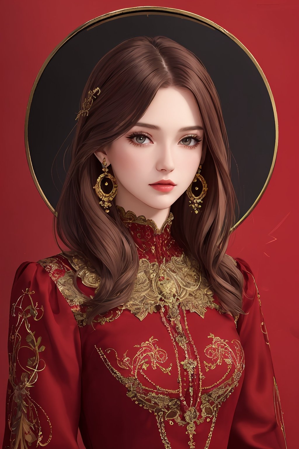 masterpiece, best quality, aesthetic, official art, Russian woman, solo, detailed face and eyes, brown eyes, upper body, fair skin, very long hair, auburn hair, two-tone dress, royal armor dress, metal embellishments with intricate embroidery, earrings with circle design, (dark red background : 1.2)