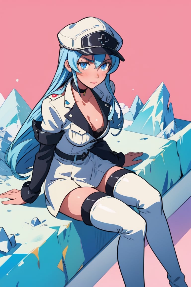 pastel colors, kawaii, cute, colorful, masterpiece, best quality, detailed illustration, 1girl, solo, esdeath, blue eyes, long hair, blue hair, collarbone, choker, cleavage, military, hat, peaked cap, military uniform, boots, thigh boots, thighhighs, ice,