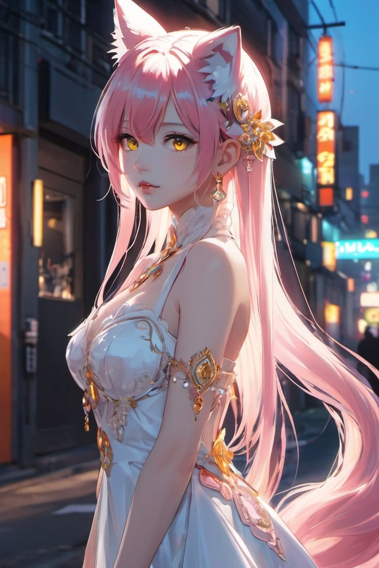 Yae Miku, 1girl, solo, long hair, breasts, looking at viewer, from behind, bangs, large breasts, hair ornament, animal ears, cleavage, hair between eyes, bare shoulders, jewelry, collarbone, yellow eyes, upper body, pink hair, sidelocks, earrings, parted lips, lips, fox ears, crossed bangs, white dress, intricate lace details, Genshin Impact, outdoors, street, alleyway, neon lights, rim lighting, back lighting 