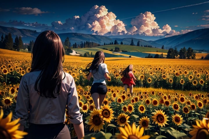 masterpiece, best quality, scenery, cinematic lighting, colorful, (extremely detailed), hills, sunflower fields, multiple girls, 1girl, looking at the sky, 2girls with flowers, 1girl running in the field, (far away), wide shot, gradient sky, clouds (orange and red),