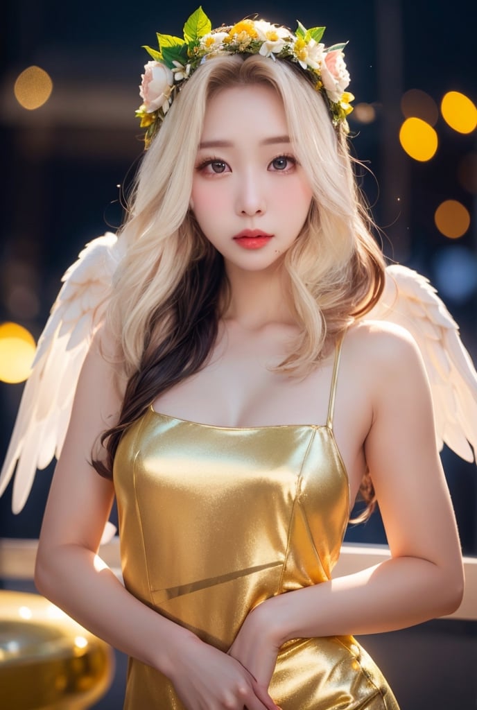 Angel, fusion, goddess, fantasy flower crown, 1beautiful woman, sexy gold short dress, realistic, photography, 8k resolution, dslr, raw photo, perfect white balance, rim light, half body, high quality, high detail, wide angle, fantasy bokeh heaven background, action pose,