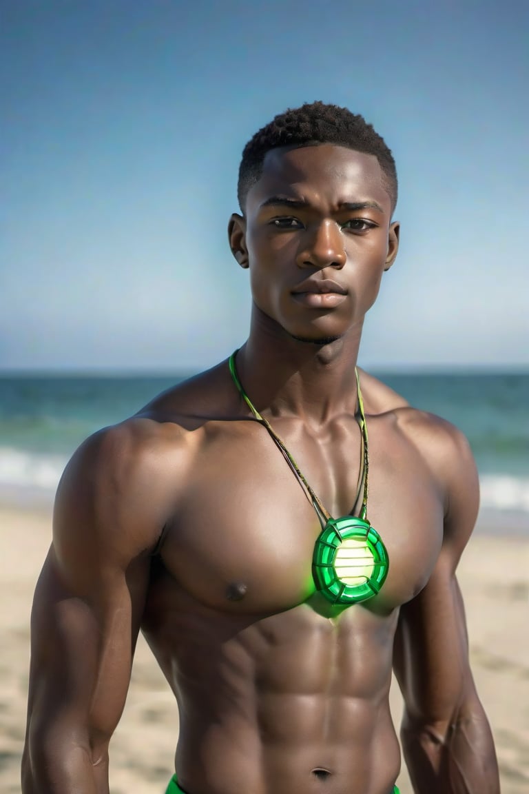 A youthful African gril of 16 years, with refined features and a handsome face. He stands tall, his slender yet muscular physique evident beneath the bright sunlight. His large, rounded chest is accentuated by the tiny Green Lantern armor micro bikini, drawing attention to his toned torso. The framing of the shot showcases him against a vibrant beach backdrop, with the warm sand and clear blue sky creating a striking contrast.