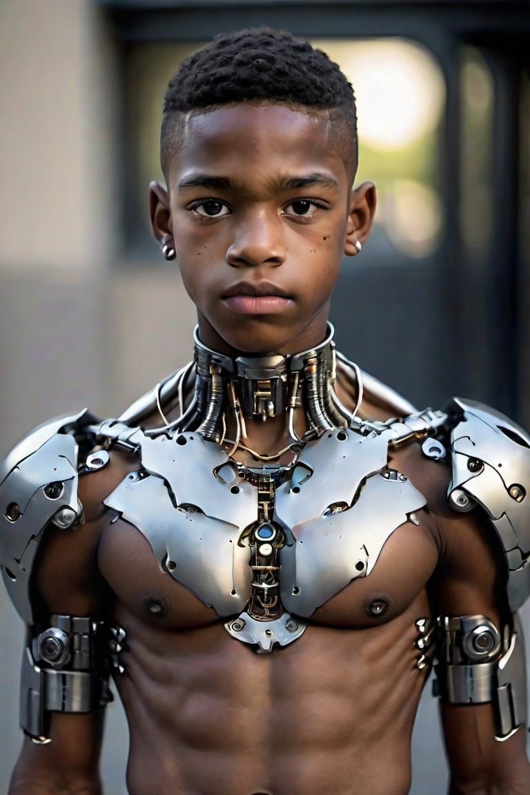 Niño varón cyborg de 16 años, africano de rasgos finos y hermoso, de cuerpo delgado y marcado, musculoso, de pechos grandes y redondos, con alas en forma de V, volando por encima de la ciudad