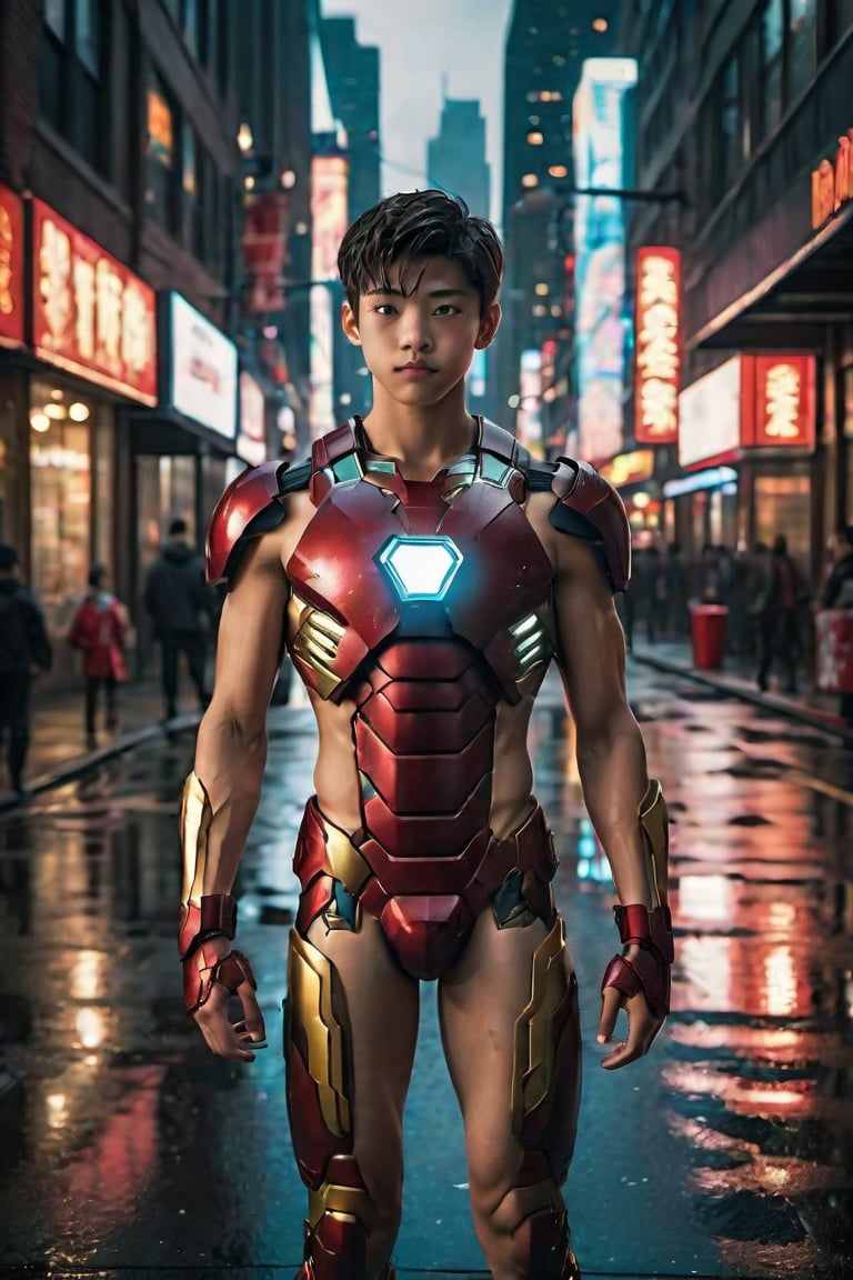 A young boy, 16 years old, with fine and handsome features, slender yet athletic build, prominent muscles, large and rounded chest, wearing a miniature ironman armor-inspired bikini bottom on the streets of the city. The urban landscape stretches out behind him, a gritty metropolis with towering buildings and neon lights reflecting off the wet pavement.