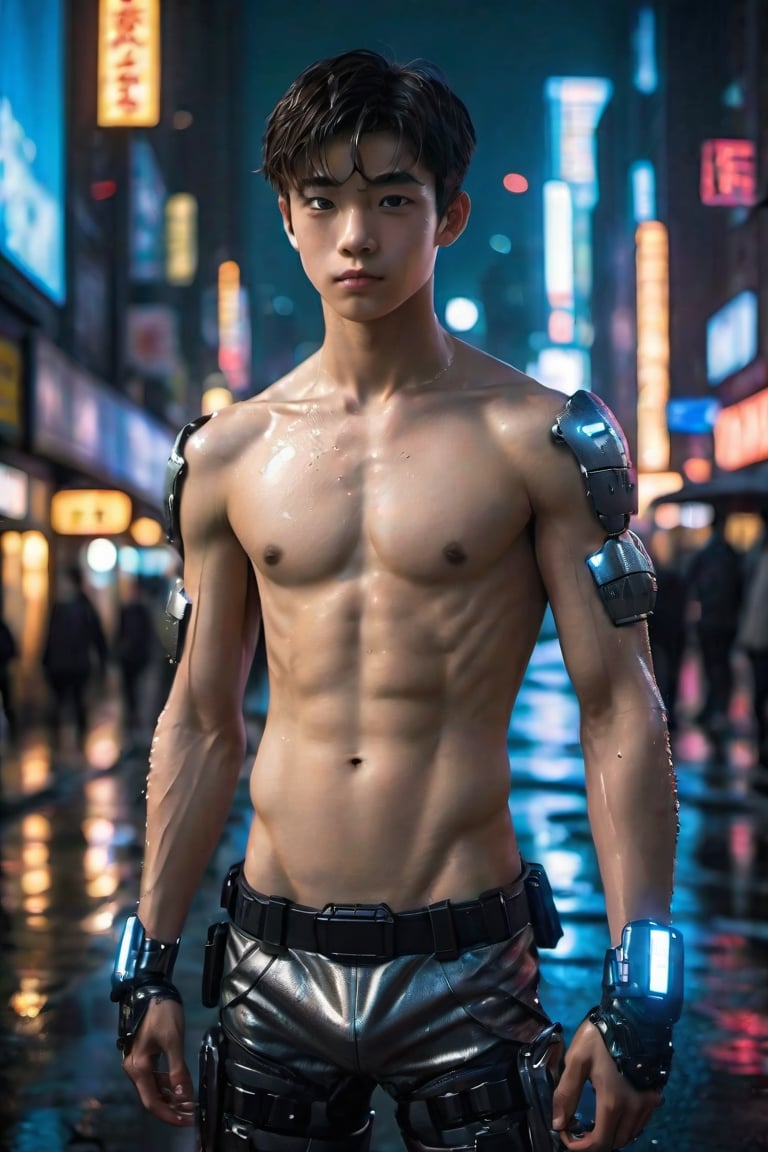 A young boy, 16 years old, with fine and handsome features, slender yet athletic build, prominent muscles, large and rounded chest, wearing a miniature RoboCop armor-inspired bikini bottom on the streets of the city. The urban landscape stretches out behind him, a gritty metropolis with towering buildings and neon lights reflecting off the wet pavement.