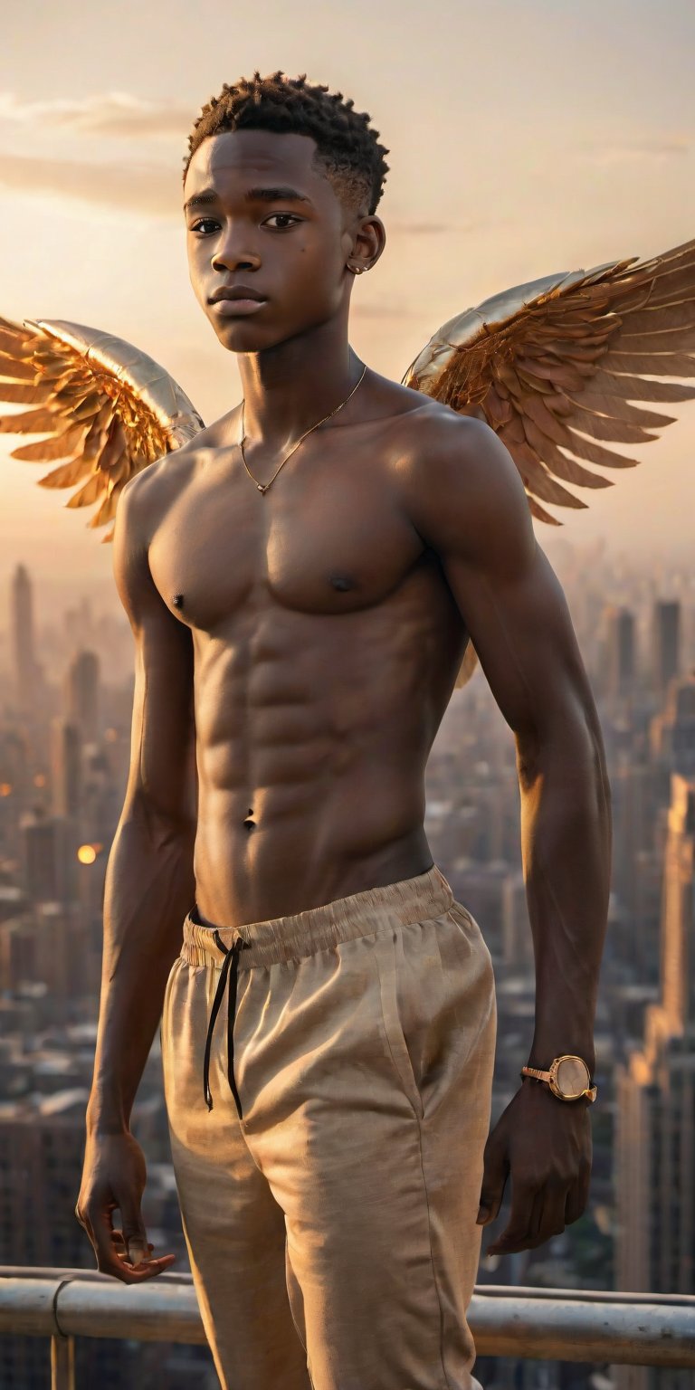 Close-up shot of a 16-year-old African boy with fine and handsome features, showcasing his slender yet muscular physique with prominent chest. His delicate wings, shaped like a V, spread out as he soars above the city skyline at dusk, with warm orange hues casting a golden glow on his features. The urban landscape below serves as a striking contrast to the boy's ethereal beauty.